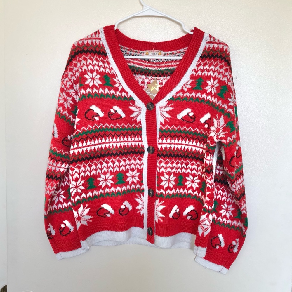 Poof Santa Hat Button Down Ugly Christmas Cardigan NWT